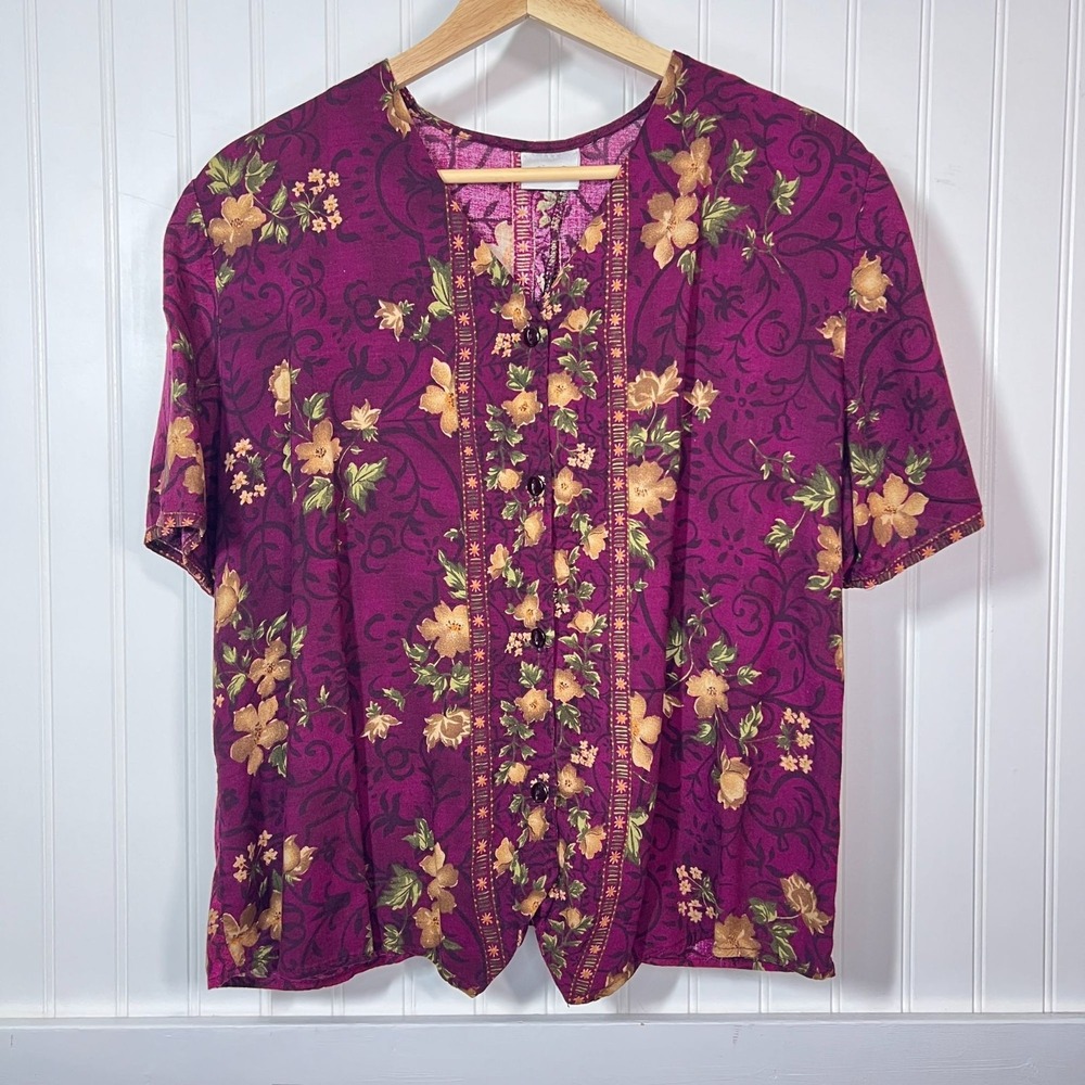 CLC Vtg Floral Button Up Indie Hippie Cottagecore Blouse Short Sleeve Jewel Tone